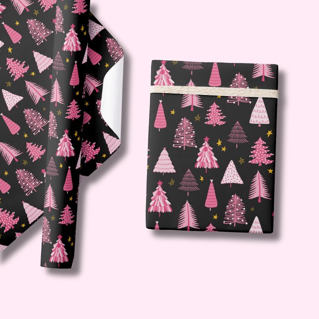 Christmas Tree Pink Black Wrapping Paper (Pink Christmas tree on black, wrapping paper rolls. Other colors & matching products available.)