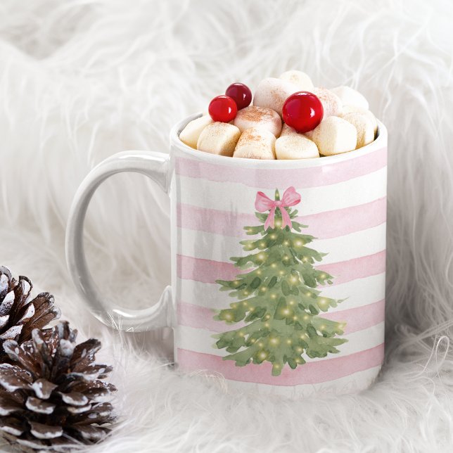 Christmas Tree, Pink Bow & Stripes Holiday Mug (Creator Uploaded)