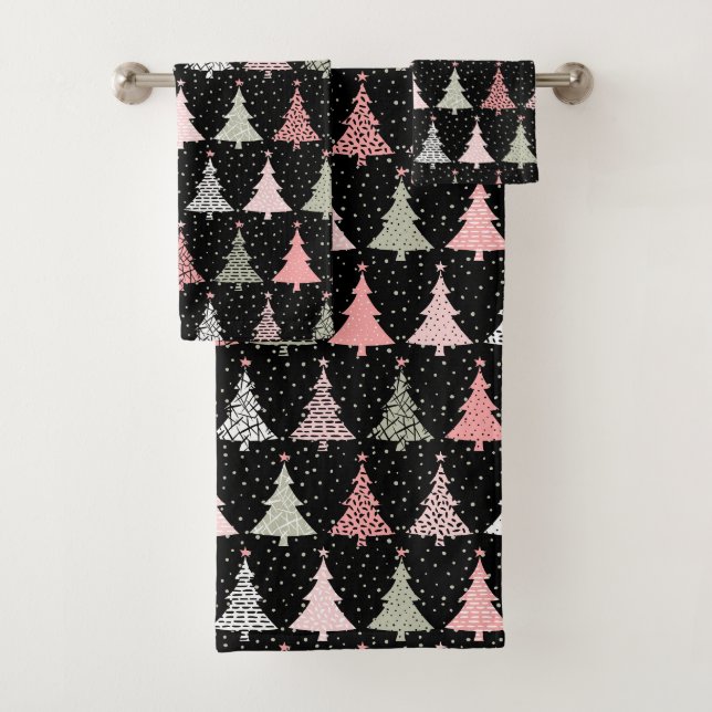Christmas Tree Pink & Green with Black Background Bath Towel Set (Insitu)