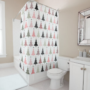Christmas Tree Pink & Green with White Background Shower Curtain