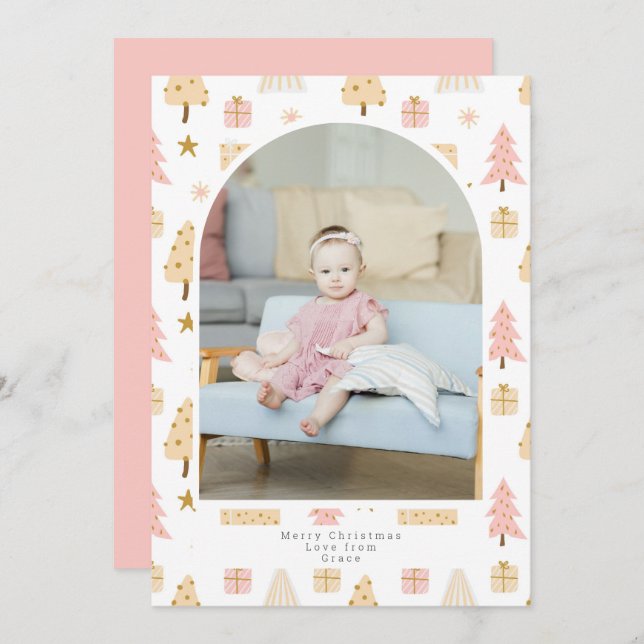 Christmas Tree Pink Pattern Photo Personalised Holiday Card (Front/Back)