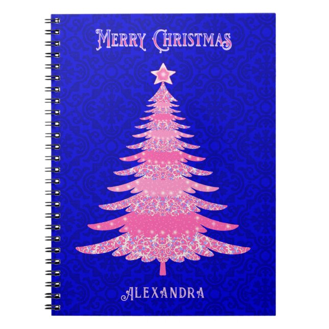 Christmas Tree Pink Personalised Snowflakes Notebook (Front)