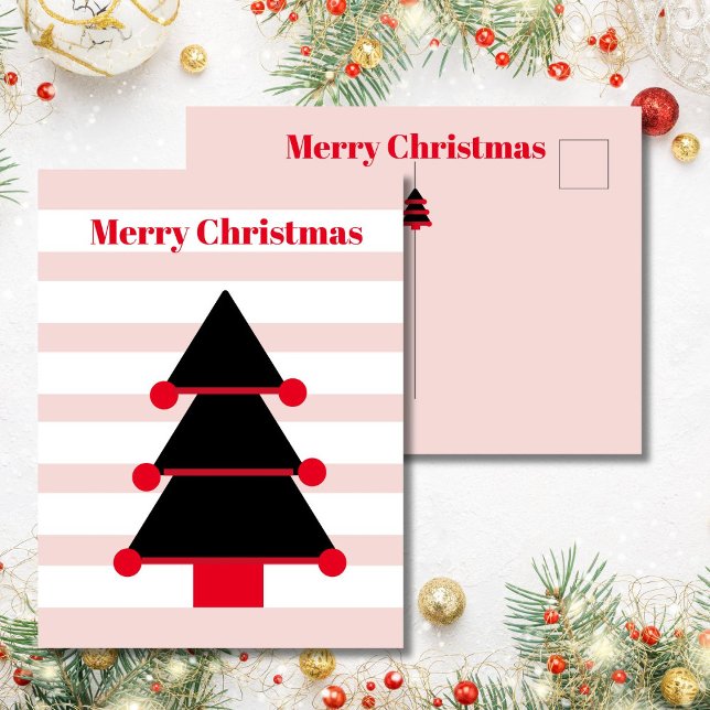 Christmas Tree Pink Stripe Black Greeting Postcard (Creator Uploaded)