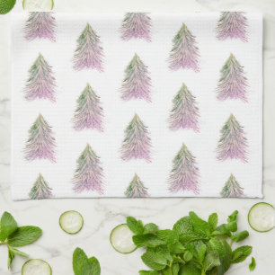 Christmas Tree Pink Watercolor Pattern Holiday Tea Towel