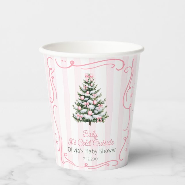 Christmas Tree Pink Winter Baby Shower Paper Cups (Front)