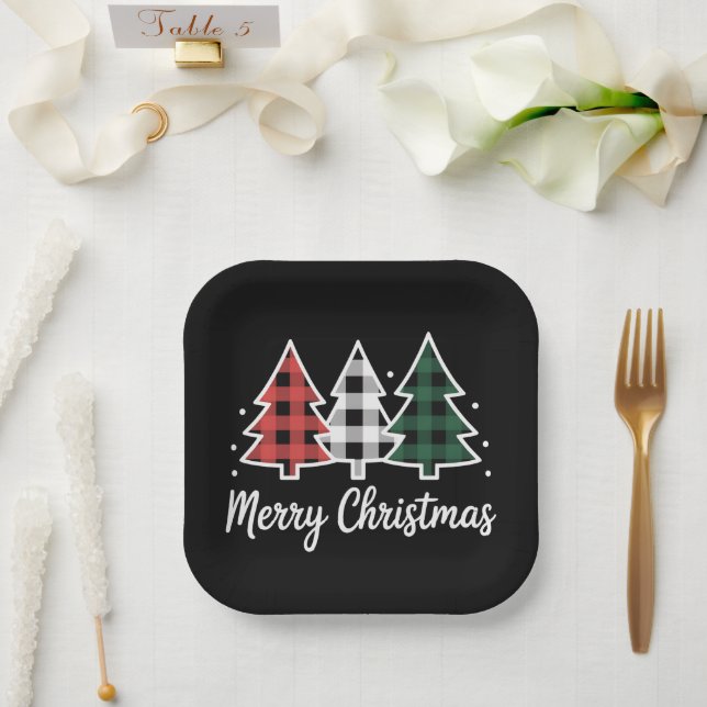 Christmas Tree Plaid Christmas Tree Merry Xmas Paper Plate (Wedding)