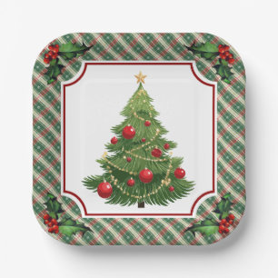 Christmas Tree Plaid with Holly Paper Plate