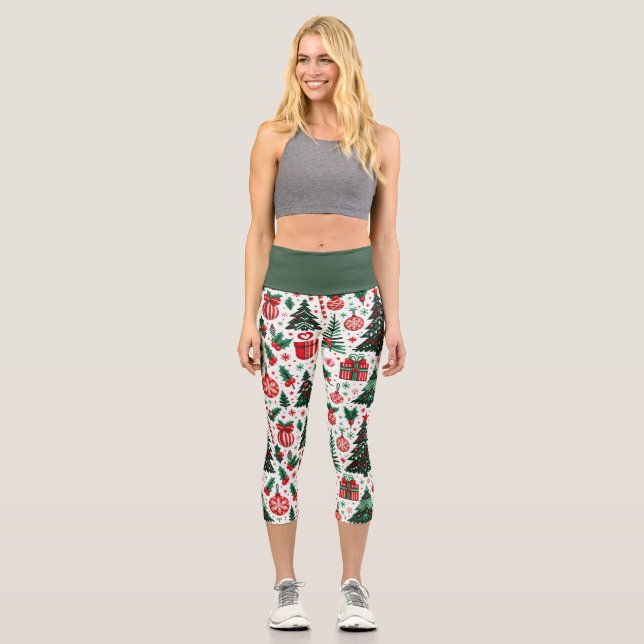 Christmas tree, presents, candy cane capri leggings (Front)