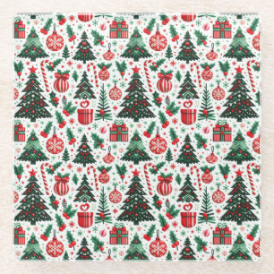 Christmas tree, presents, candy cane glass coaster