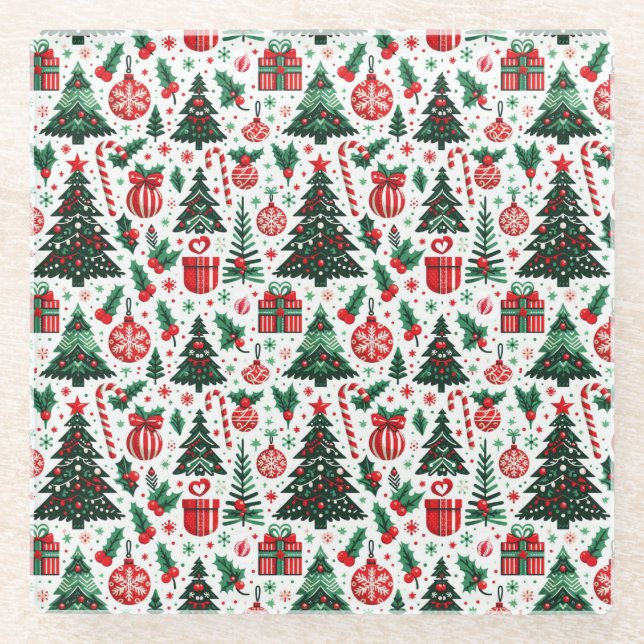 Christmas tree, presents, candy cane glass coaster (Front)