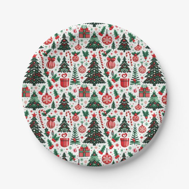Christmas tree, presents, candy cane paper plate (Front)