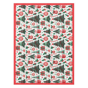Christmas tree, presents, candy cane tablecloth