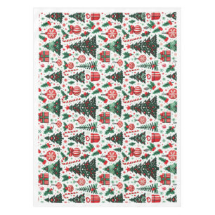 Christmas tree, presents, candy cane tablecloth