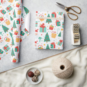 Christmas Tree Presents Colorful Pattern Xmas Gift Wrapping Paper