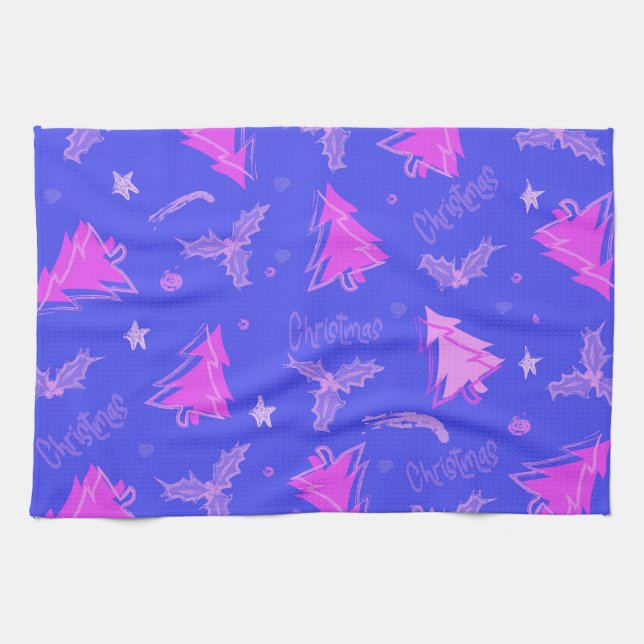 Christmas Tree Purple and Pink Tea Towel (Horizontal)