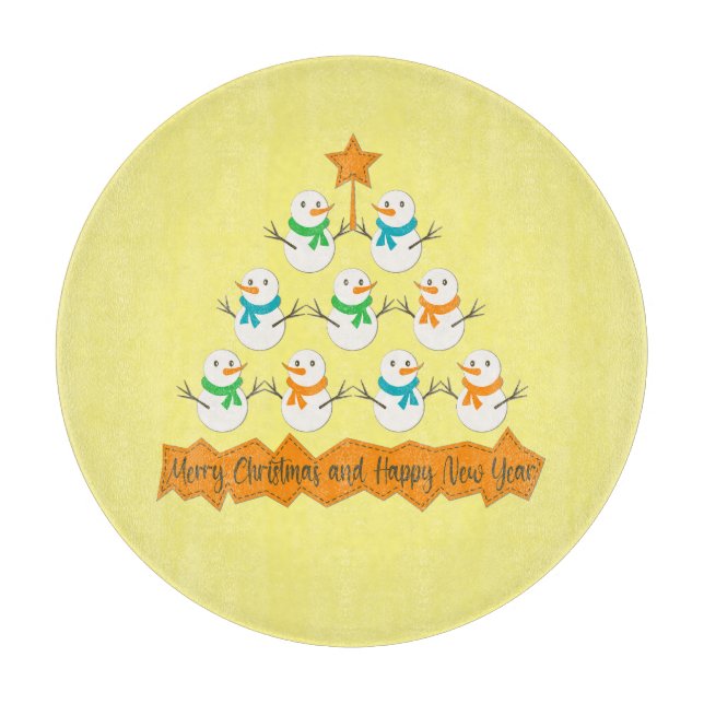 Christmas tree pyramid made of xmas snowmen cutting board (Front)