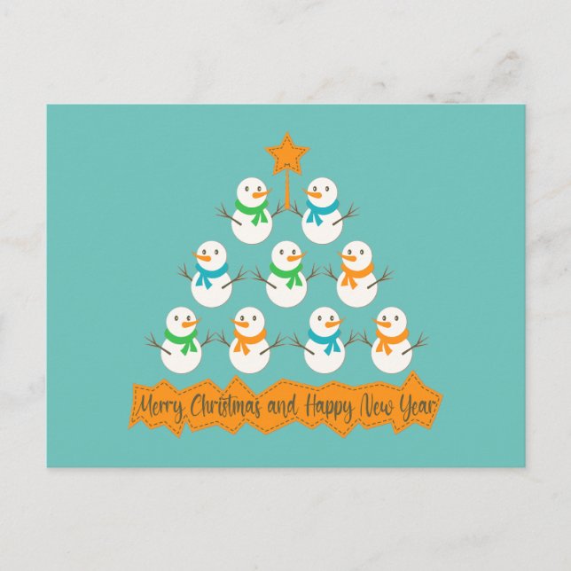 Christmas tree pyramid made of xmas snowmen holiday postcard (Front)