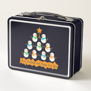 Christmas tree pyramid made of xmas snowmen metal lunch box