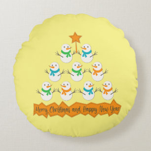 Christmas tree pyramid made of xmas snowmen round cushion
