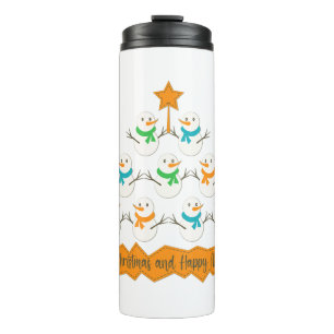 Christmas tree pyramid made of xmas snowmen thermal tumbler