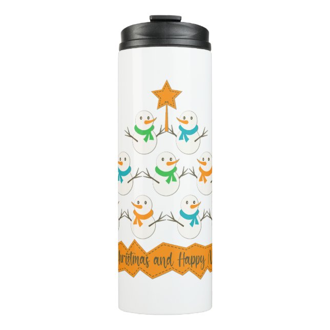 Christmas tree pyramid made of xmas snowmen thermal tumbler (Front)