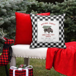 Christmas Tree Ranch Santa Bison Buffalo Plaid Cushion<br><div class="desc">Illustration of a buffalo bison wearing santa hat with Christmas tree tied to its back.  Black and white buffalo plaid border design with black and red text.</div>