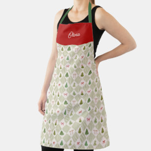 Christmas Tree Red Bow Holiday Pattern Name Apron