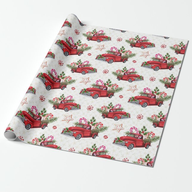 Christmas Tree Red Car Watercolor Holiday Wrapping Paper (Unrolled)