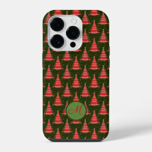 Christmas Tree Red Green Pattern with Monogram iPhone 14 Pro Case