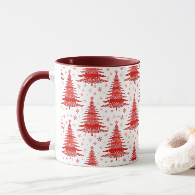 Christmas Tree Red Pattern Design Mug (With Donut)