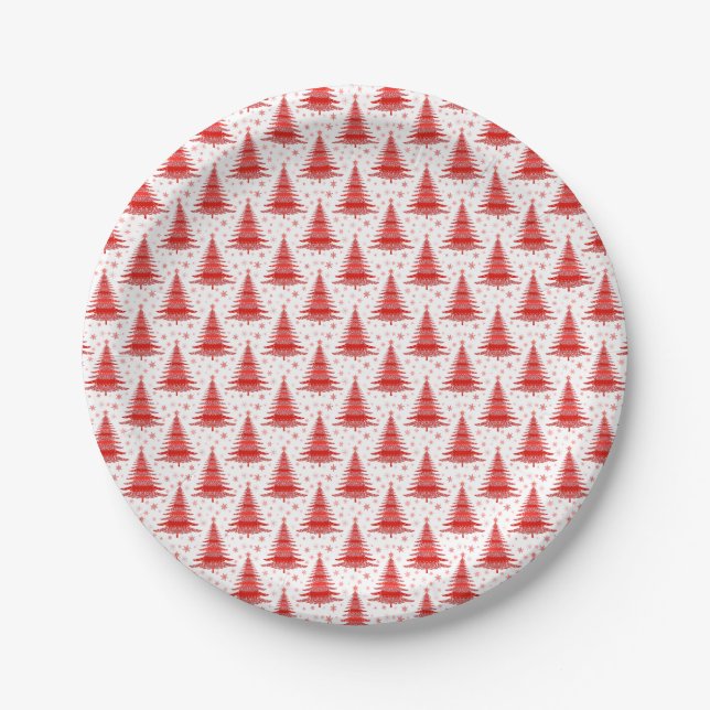 Christmas Tree Red Pattern Design Paper Plates (Front)