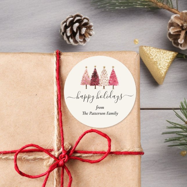 Christmas Tree Red Pink  Blush Beige Custom Classic Round Sticker (Christmas Tree Red Pink Blush Beige Custom Classic Round Sticker)