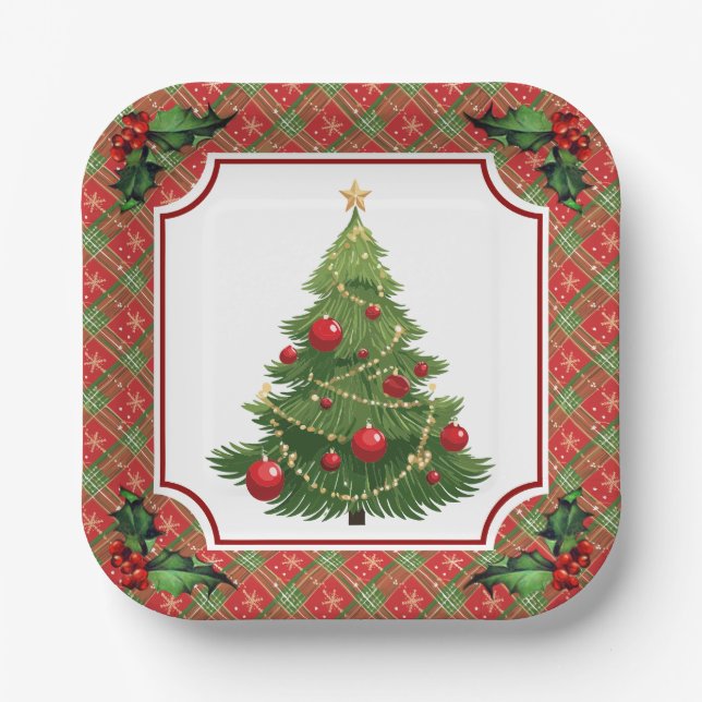 Christmas Tree Red Plaid with Holly Paper Plate (Front)