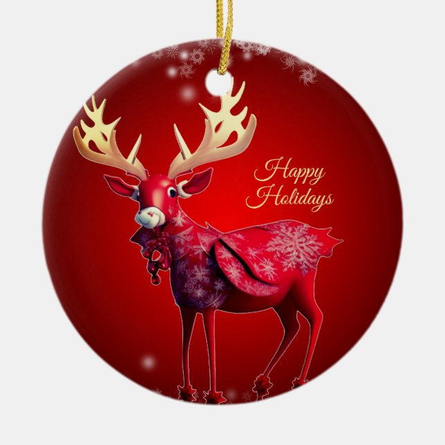 Christmas Tree Red Reindeer Winter Holidays Ceramic Tree Decoration (Front)