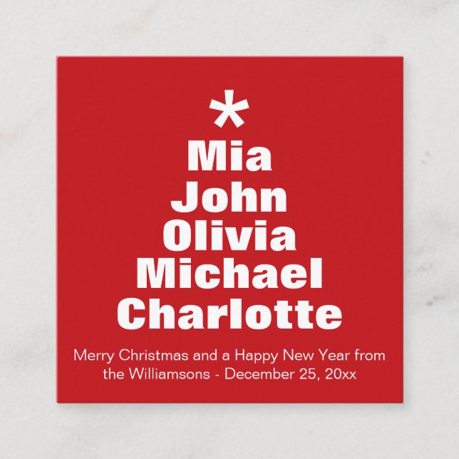 Christmas tree red white custom family names  enclosure card (Front)