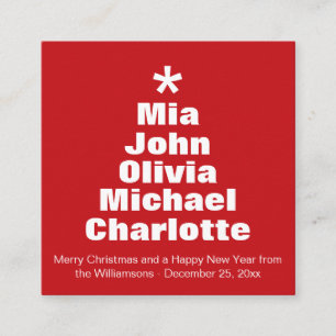 Christmas tree red white custom family names enclosure card
