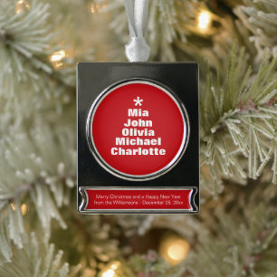 Christmas tree red white custom family names silver plated banner ornament