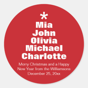 Christmas tree red white custom names modern classic round sticker