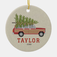 Christmas Tree Red Wood SUV Wagon Car Faux Tweed