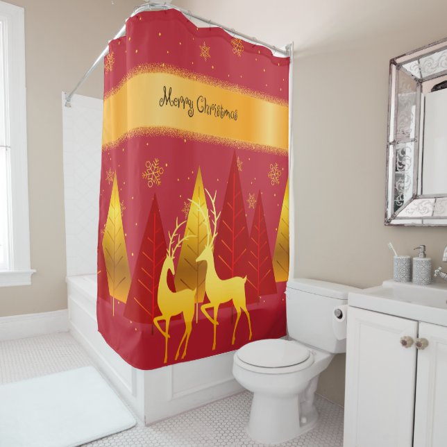 Christmas Tree & Reindeer Modern Girly Pattern Shower Curtain (In Situ)