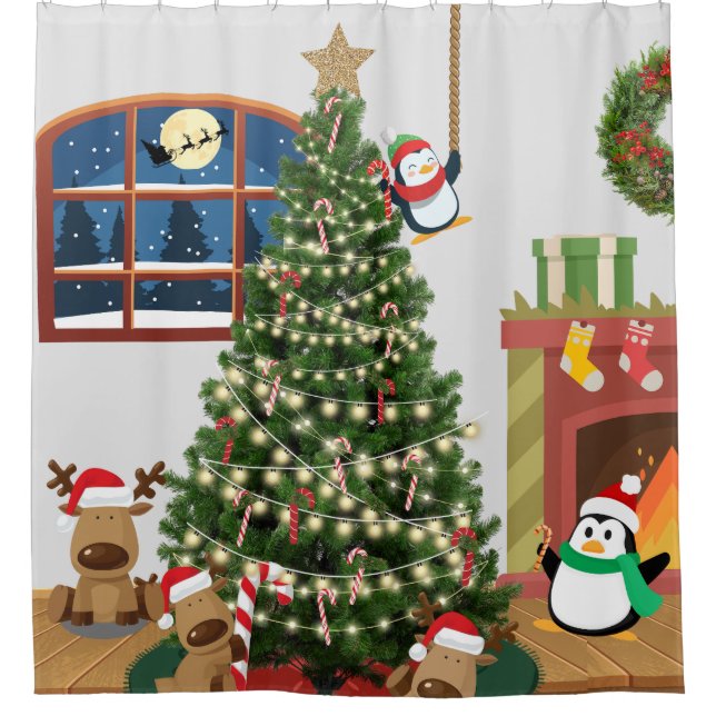 Christmas Tree Reindeer Penguin Candy Cane Shower Curtain (Front)