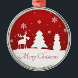 Christmas Tree Reindeer Snowman Metal Tree Decoration<br><div class="desc">Modern minimalist simple Christmas illustration featuring white silhouettes of reindeer,  tree,  snowman and snowflakes with Merry Christmas greeting on a red background.</div>