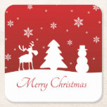 Christmas Tree Reindeer Snowman Square Paper Coaster<br><div class="desc">Modern minimalist simple Christmas illustration featuring white silhouettes of reindeer,  tree,  snowman and snowflakes with Merry Christmas greeting on a red background.</div>