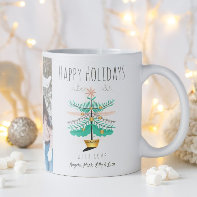 Christmas Tree Retro Pastel Happy Holiday Photo Coffee Mug (Cute retro teal pink Christmas tree with Happy Holiday message at the top with who it is from.)