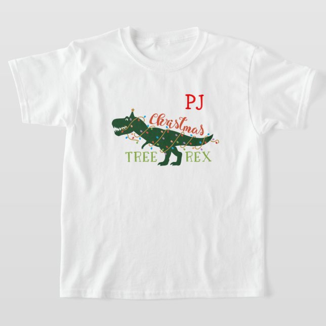 Christmas Tree-Rex Dinosaur Red Initials T-Shirt (Laydown)
