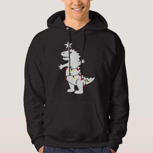 Christmas Tree Rex Dinosaur Xmas Lights Rex Pun Jo Hoodie (Front)