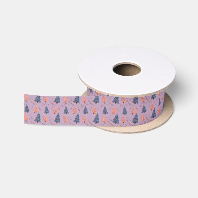 Christmas Tree Ribbon Pink & Blue Pattern Satin Ribbon (Spool)