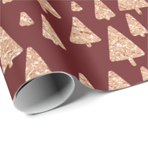 Christmas Tree Rose Gold Glitter Burgundy Maroon Wrapping Paper