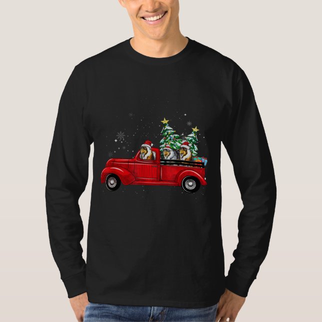 Christmas Tree Rough Collie Dog Driving Xmas Truck T-Shirt (Front)