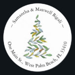 Christmas Tree Round Return Address Labels<br><div class="desc">Elevate your holiday mailings with these elegant, modern return address labels in a round format featuring a Christmas tree in line art and watercolor shades of golden yellow and green. Customise with your names and address using the simple template fields. Perfect for adding a touch of festive charm to your...</div>